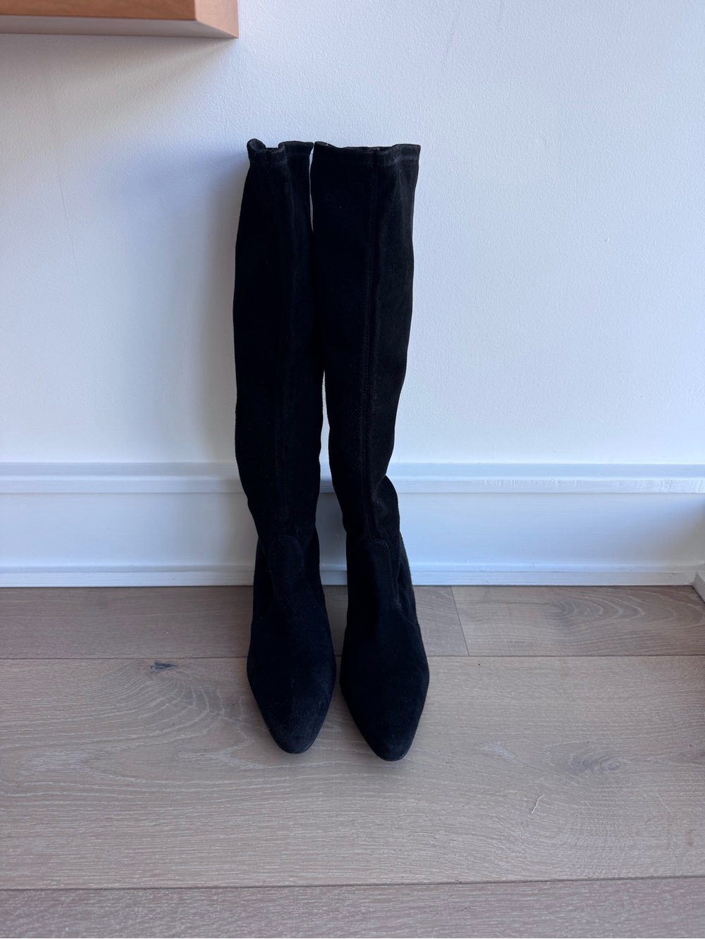 Stuart Weitzman Women's Black Knee-High Suede Boots with 4” Kitten Heel